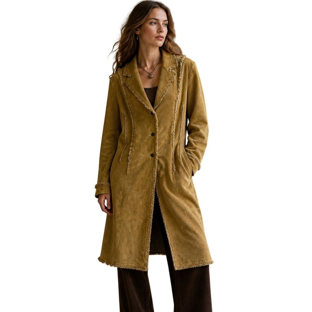 Vtg Wilsons Leather Maxima Tan Suede Long Trench Coat Fringed Trim Sz XL Jacket